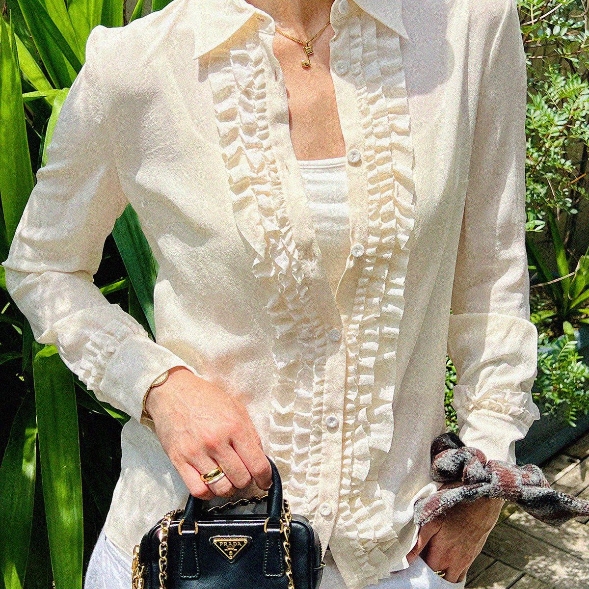 Silk sheath ruffle long sleeve blouse in ivory