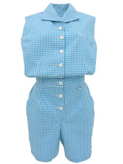 ギンガムチェックパターンロゴ刺繍オールインワン ブルー/ホワイト