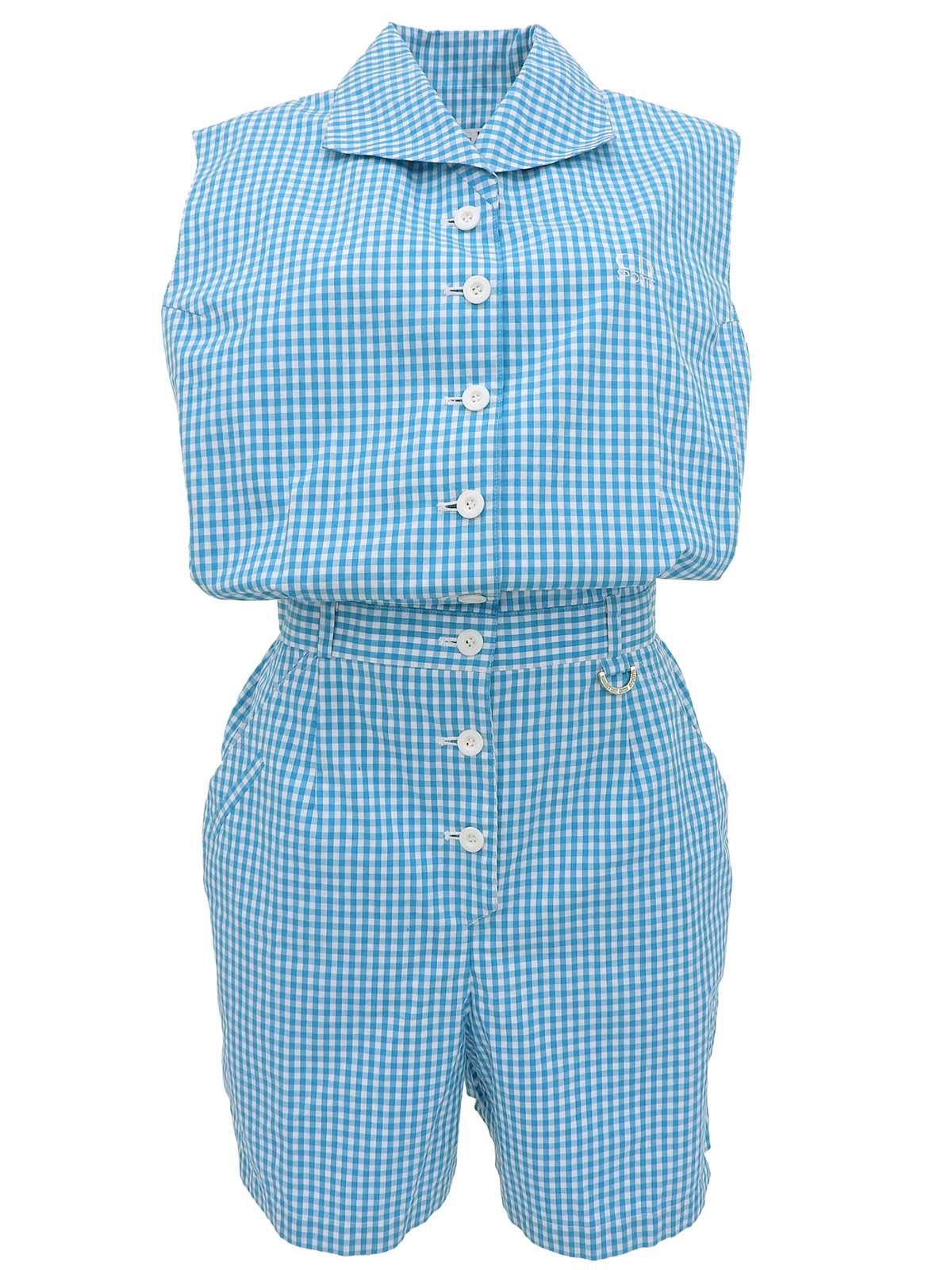 ギンガムチェックパターンロゴ刺繍オールインワン ブルー/ホワイト
