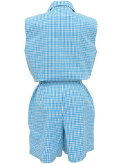 ギンガムチェックパターンロゴ刺繍オールインワン ブルー/ホワイト