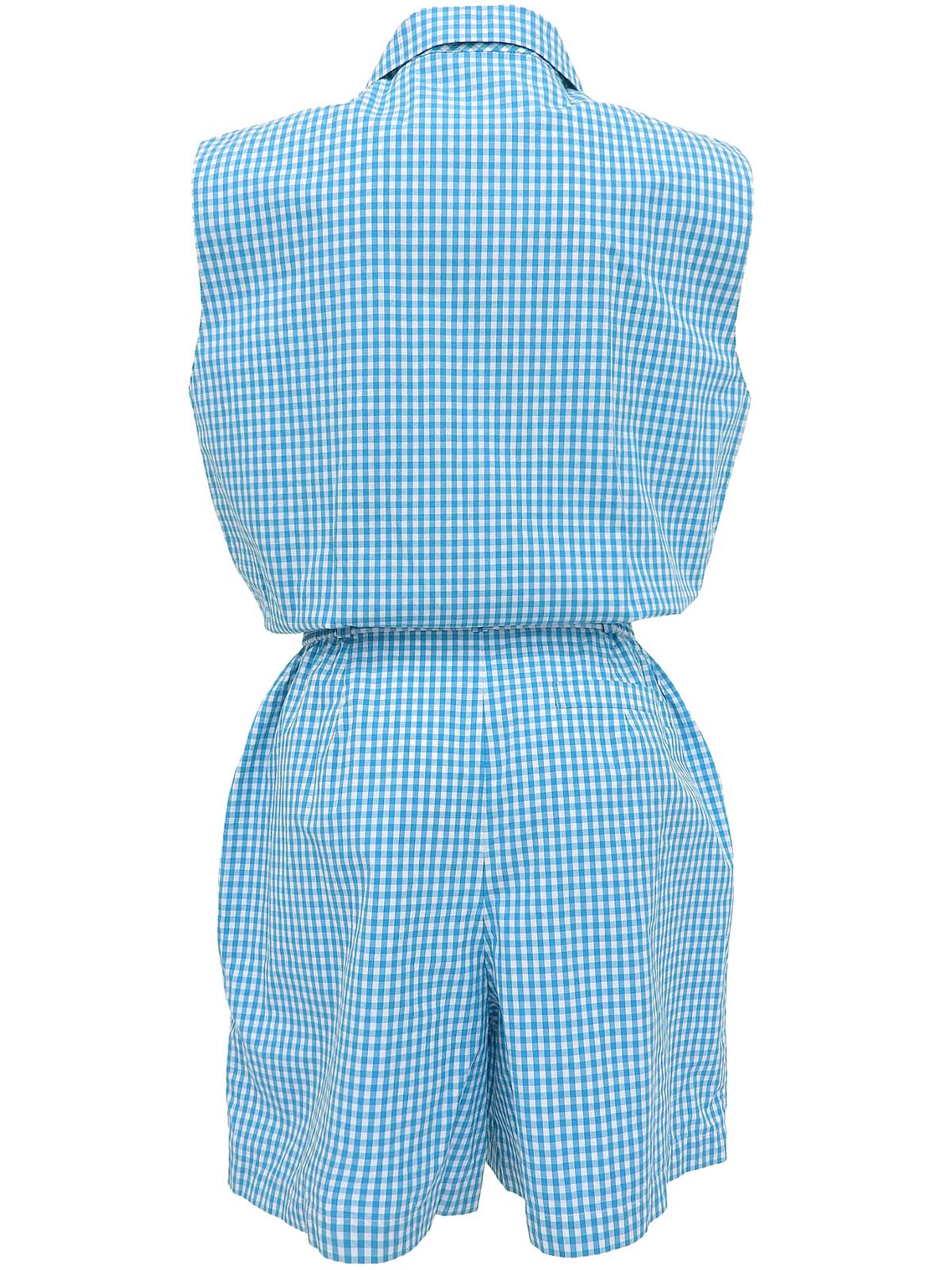 ギンガムチェックパターンロゴ刺繍オールインワン ブルー/ホワイト