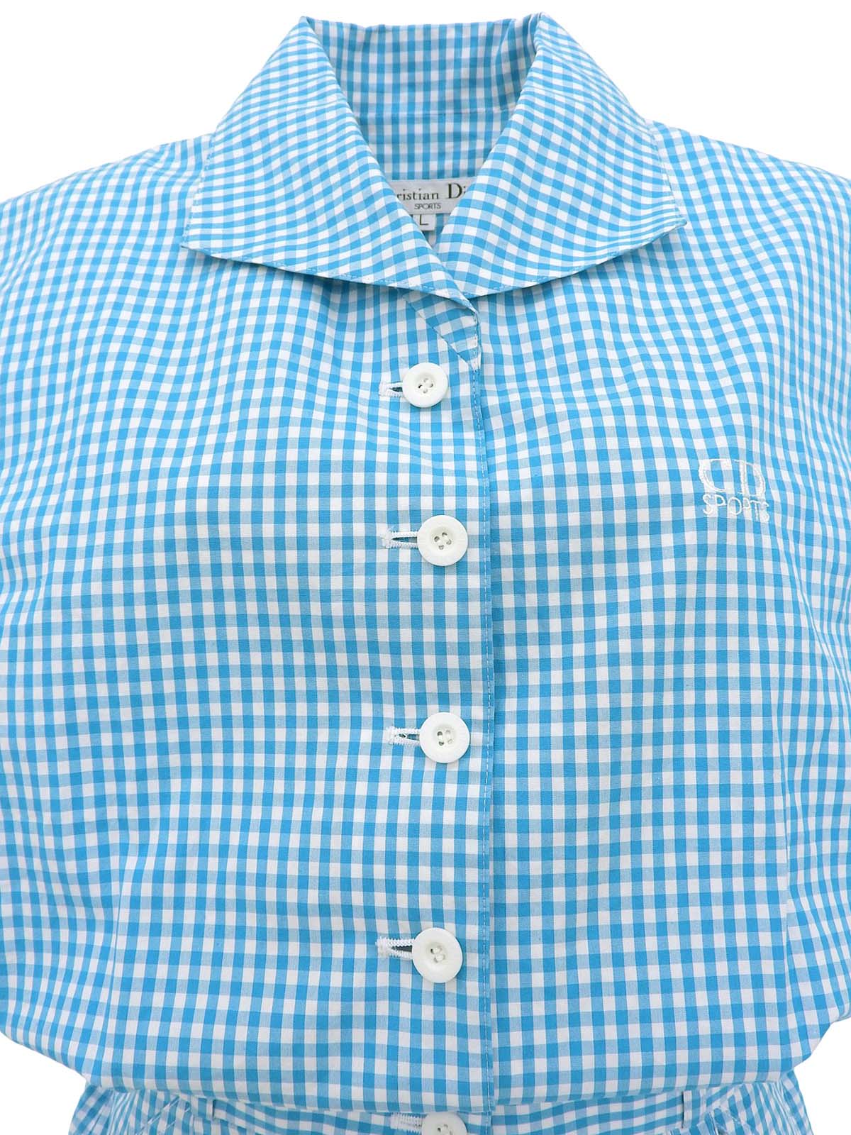 ギンガムチェックパターンロゴ刺繍オールインワン ブルー/ホワイト