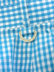 ギンガムチェックパターンロゴ刺繍オールインワン ブルー/ホワイト