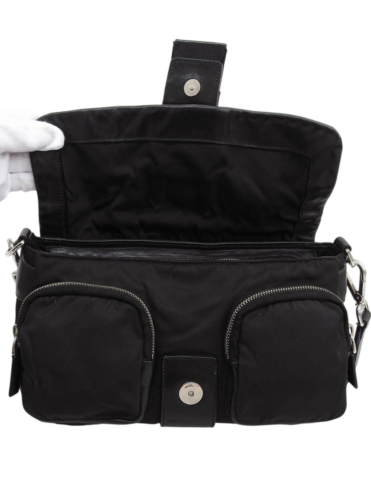 Nylon and leather combination logo plate shoulder bag in black