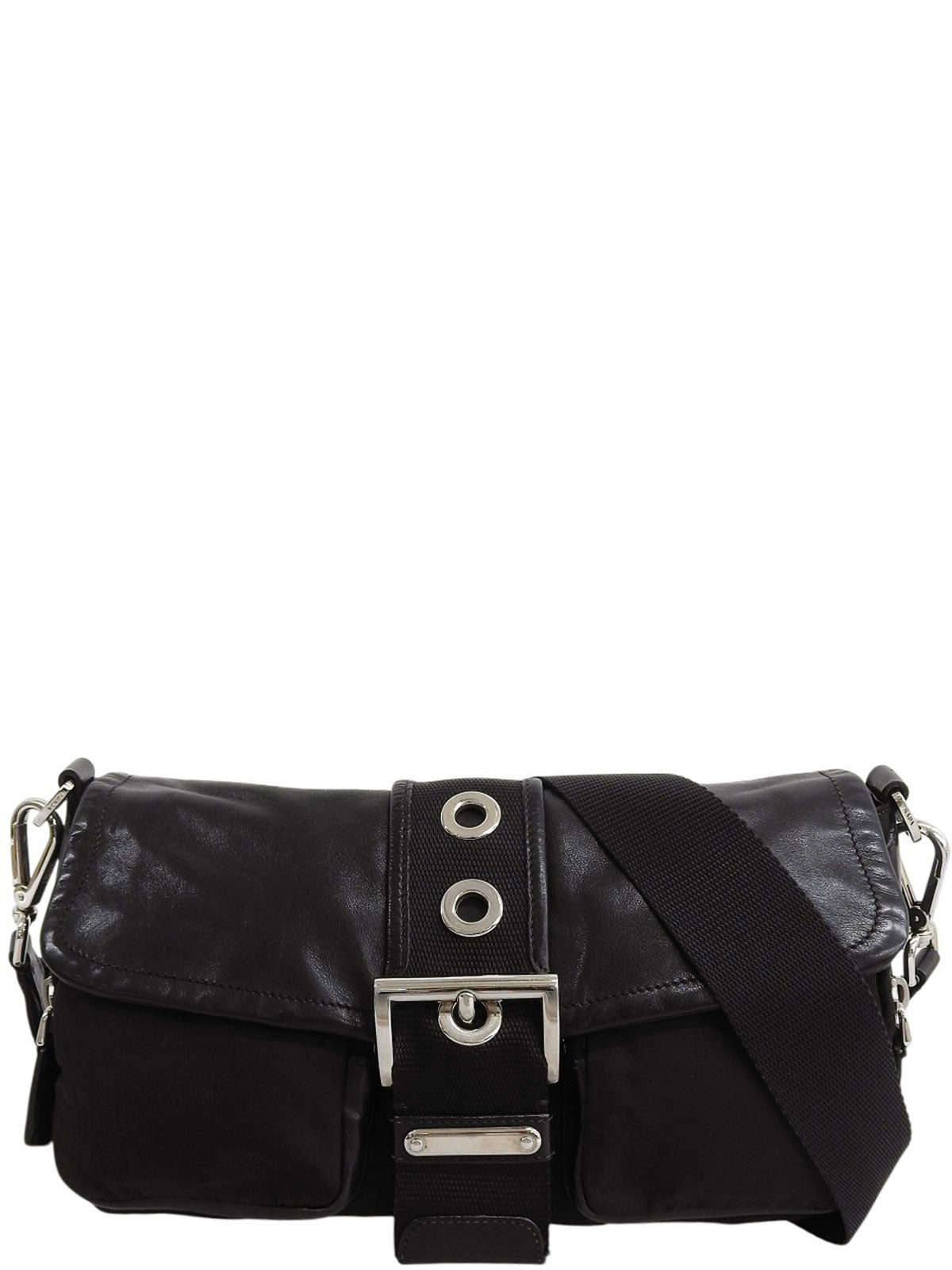 Nylon and leather combination logo plate shoulder bag in black