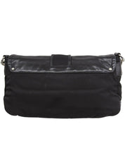 Nylon and leather combination logo plate shoulder bag in black
