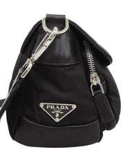 Nylon and leather combination logo plate shoulder bag in black