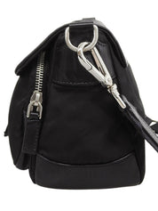 Nylon and leather combination logo plate shoulder bag in black
