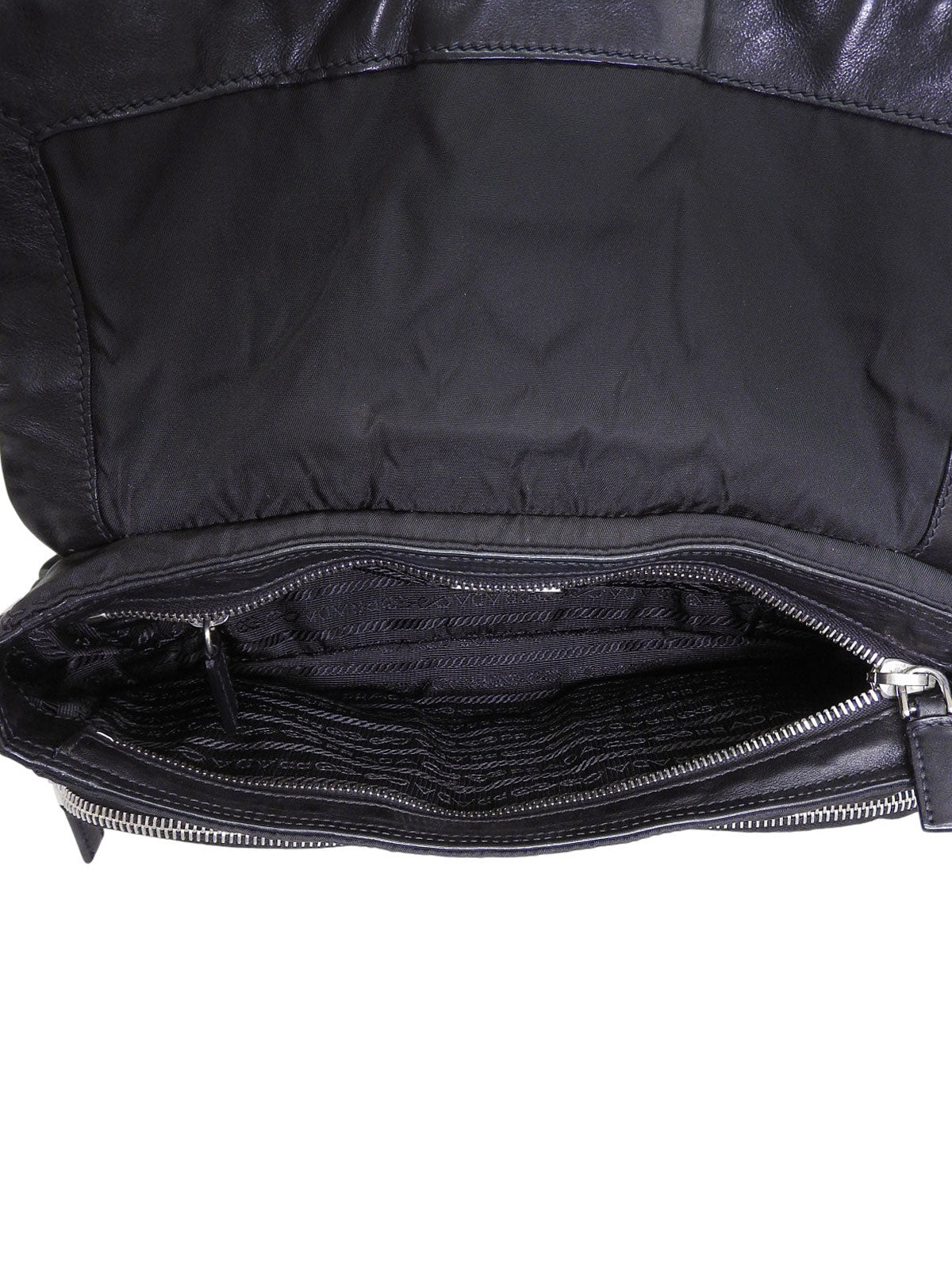 Nylon and leather combination logo plate shoulder bag in black