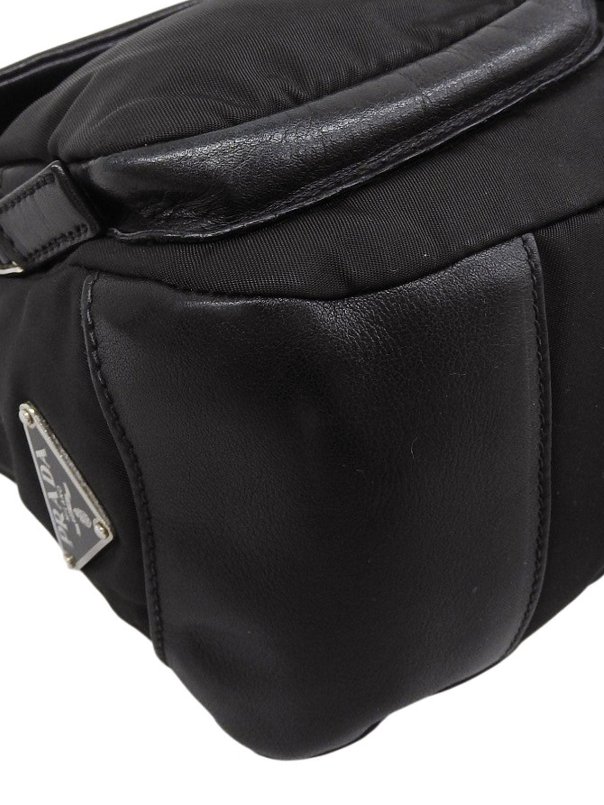 Nylon and leather combination logo plate shoulder bag in black