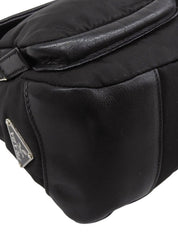 Nylon and leather combination logo plate shoulder bag in black