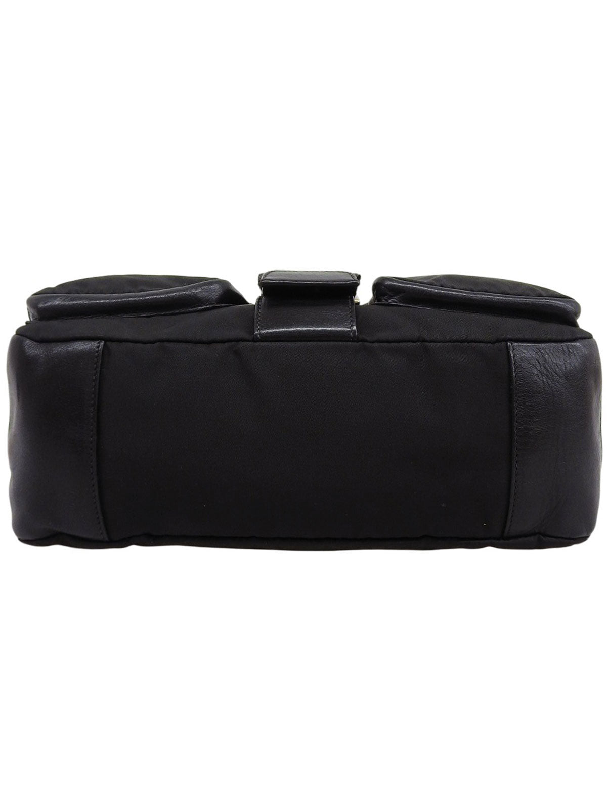 Nylon and leather combination logo plate shoulder bag in black