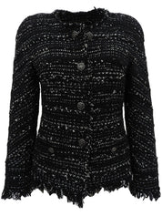 ツイードCCマークボタンノーカラージャケット ブラック/ホワイト