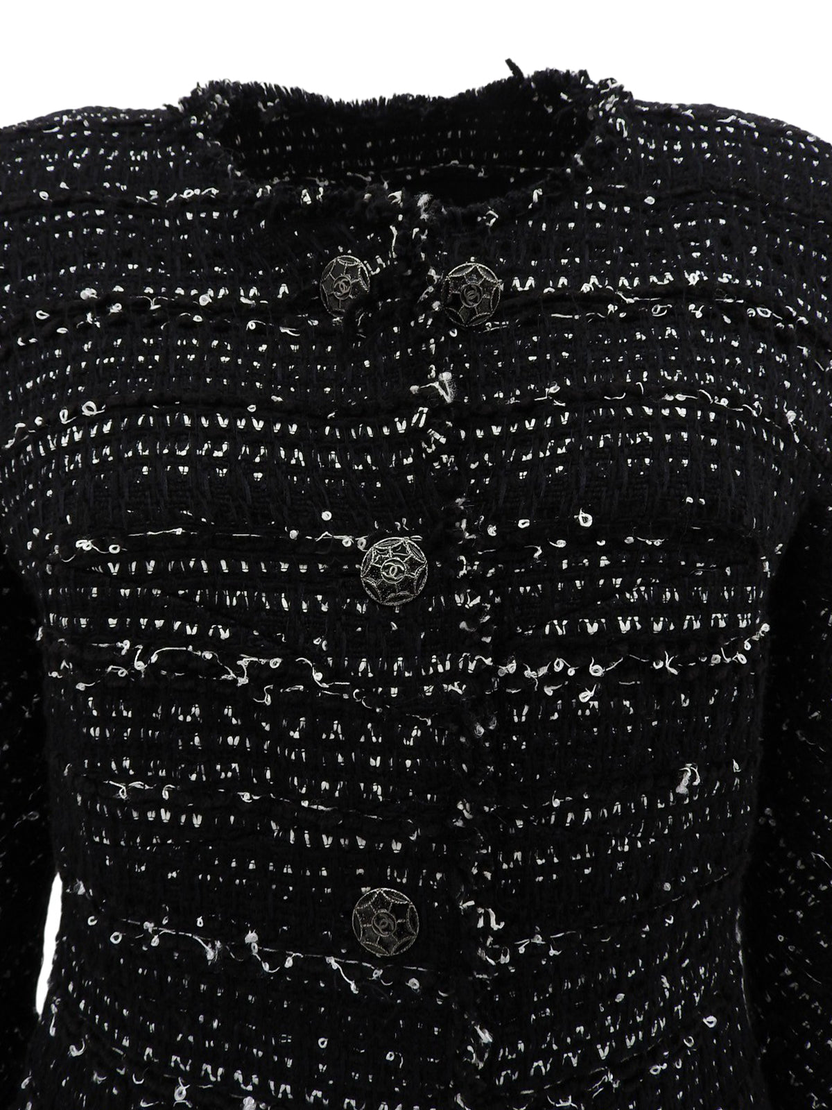 ツイードCCマークボタンノーカラージャケット ブラック/ホワイト