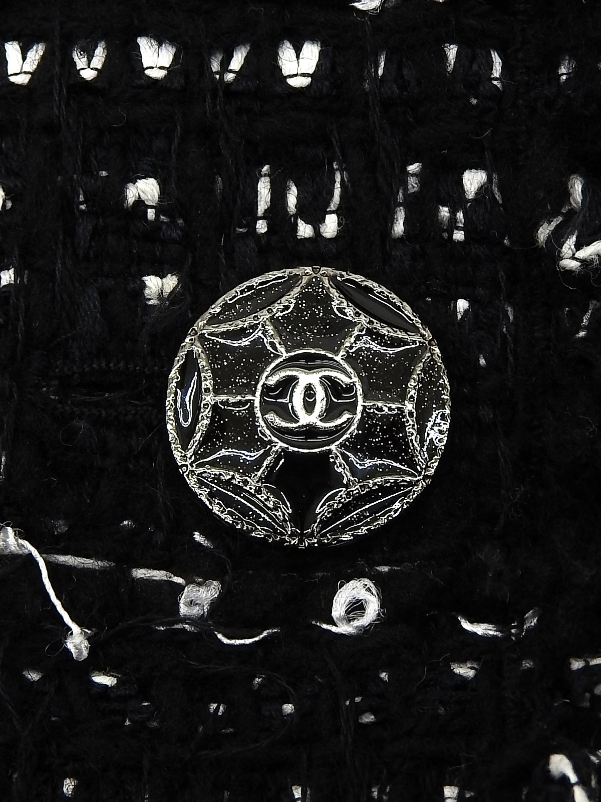 ツイードCCマークボタンノーカラージャケット ブラック/ホワイト