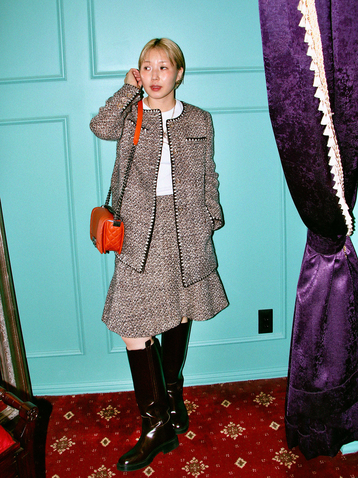 2001 Tweed CC Mark Button Collarless Set in Brown/Beige