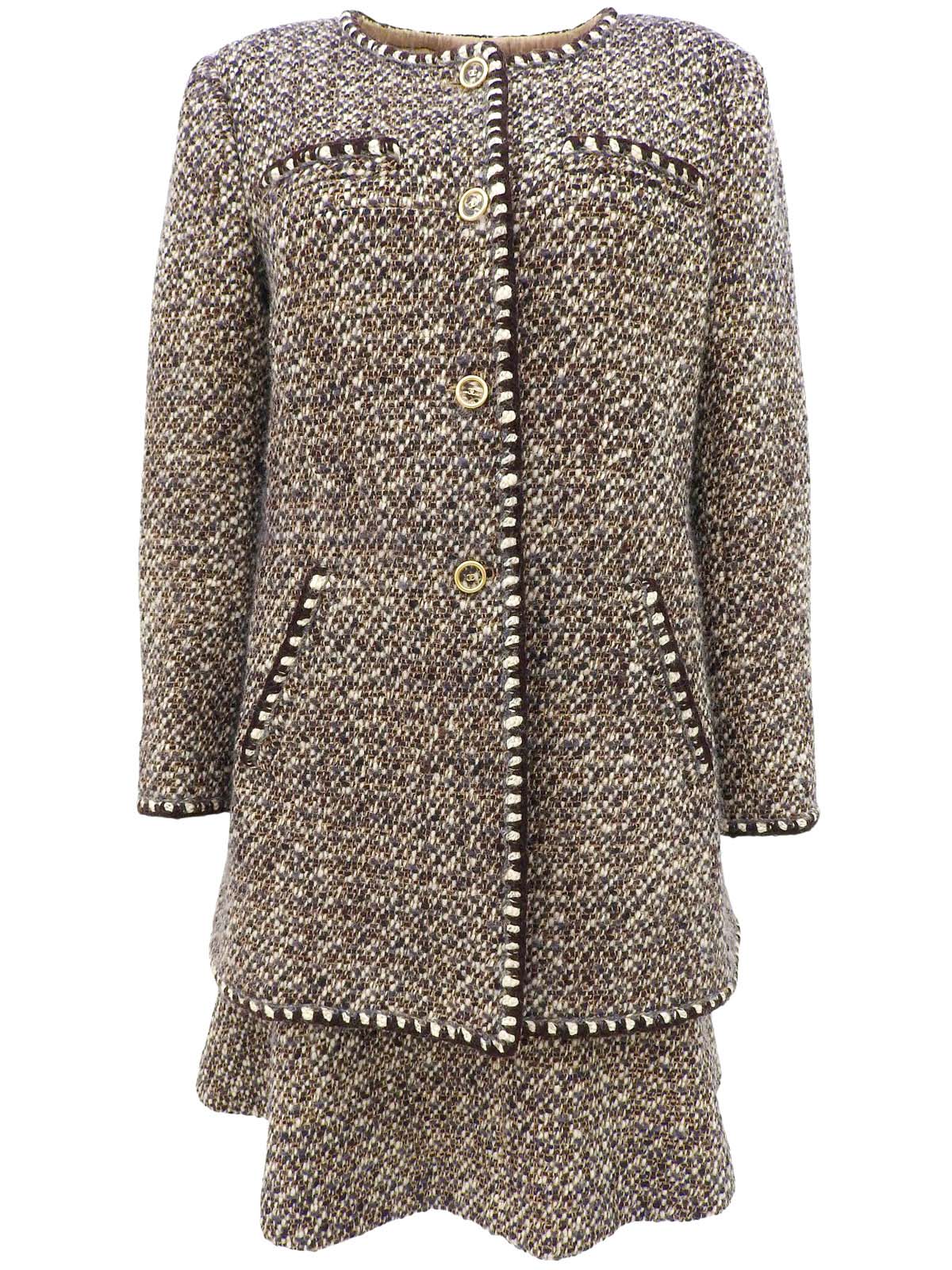 2001年製 ツイードCCマークボタンノーカラーセットアップ ブラウン/ベージュ