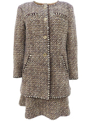 2001 Tweed CC Mark Button Collarless Set in Brown/Beige