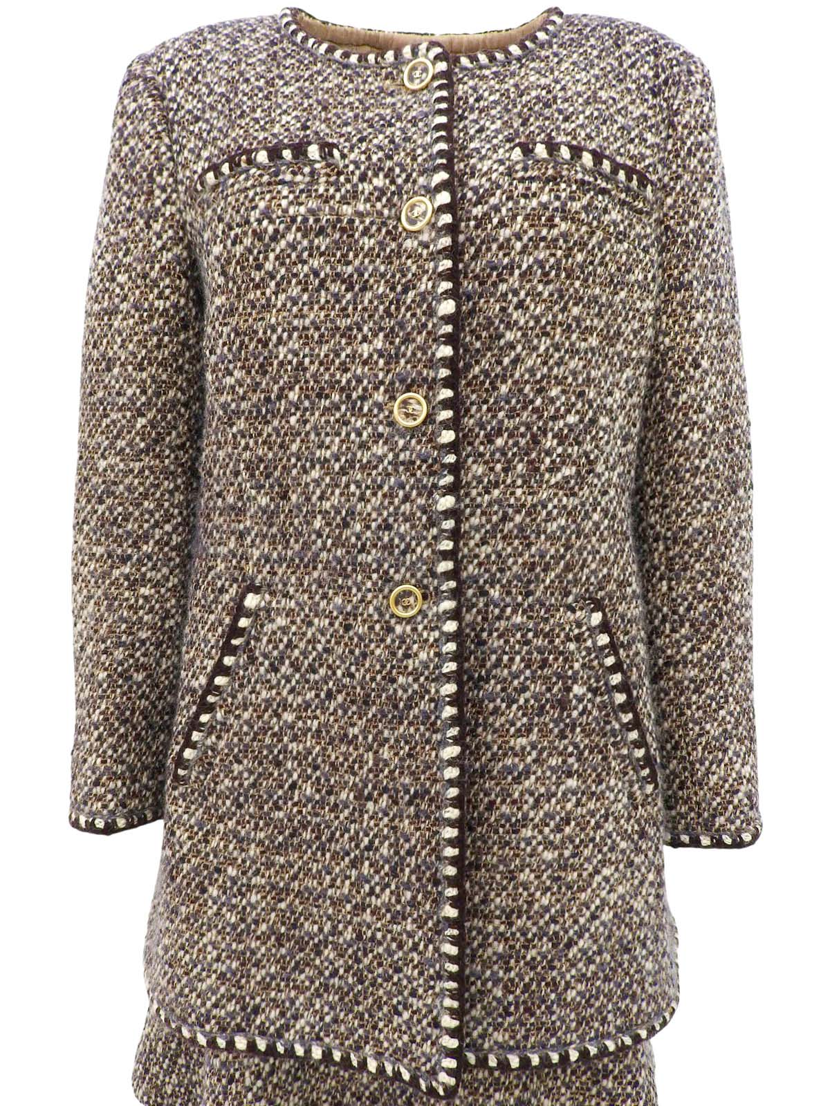 2001 Tweed CC Mark Button Collarless Set in Brown/Beige