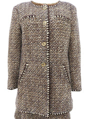 2001 Tweed CC Mark Button Collarless Set in Brown/Beige