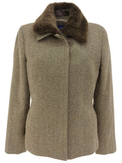 ファーカラーヘリンボーンパターンショートコート ブラウン