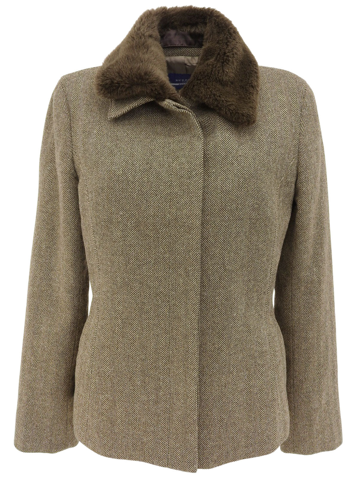 ファーカラーヘリンボーンパターンショートコート ブラウン