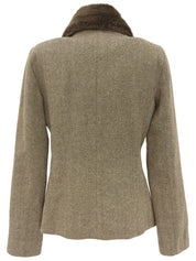 ファーカラーヘリンボーンパターンショートコート ブラウン