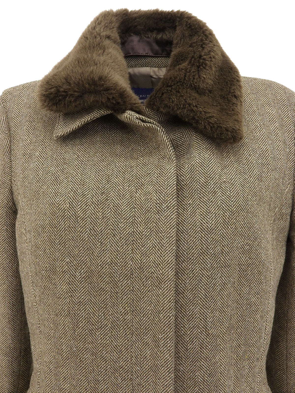 ファーカラーヘリンボーンパターンショートコート ブラウン