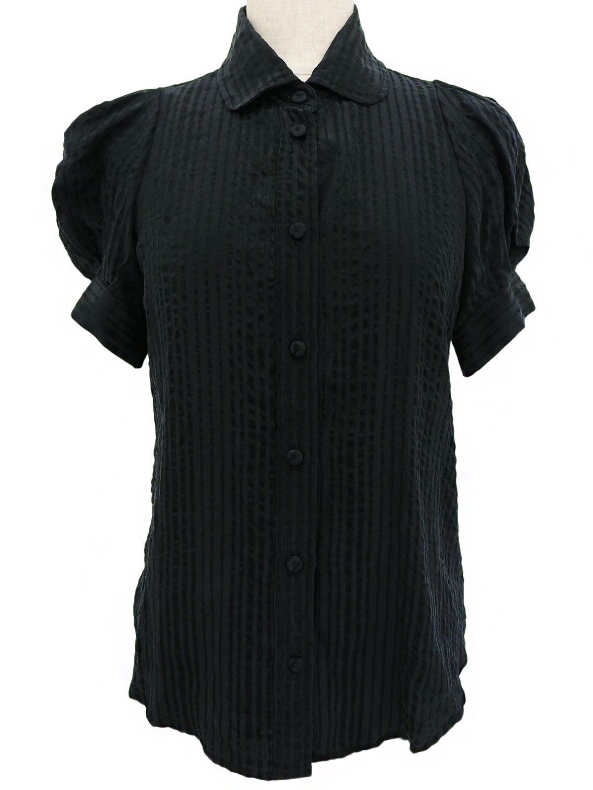 シルクストライプパターン半袖シャツ ブラック