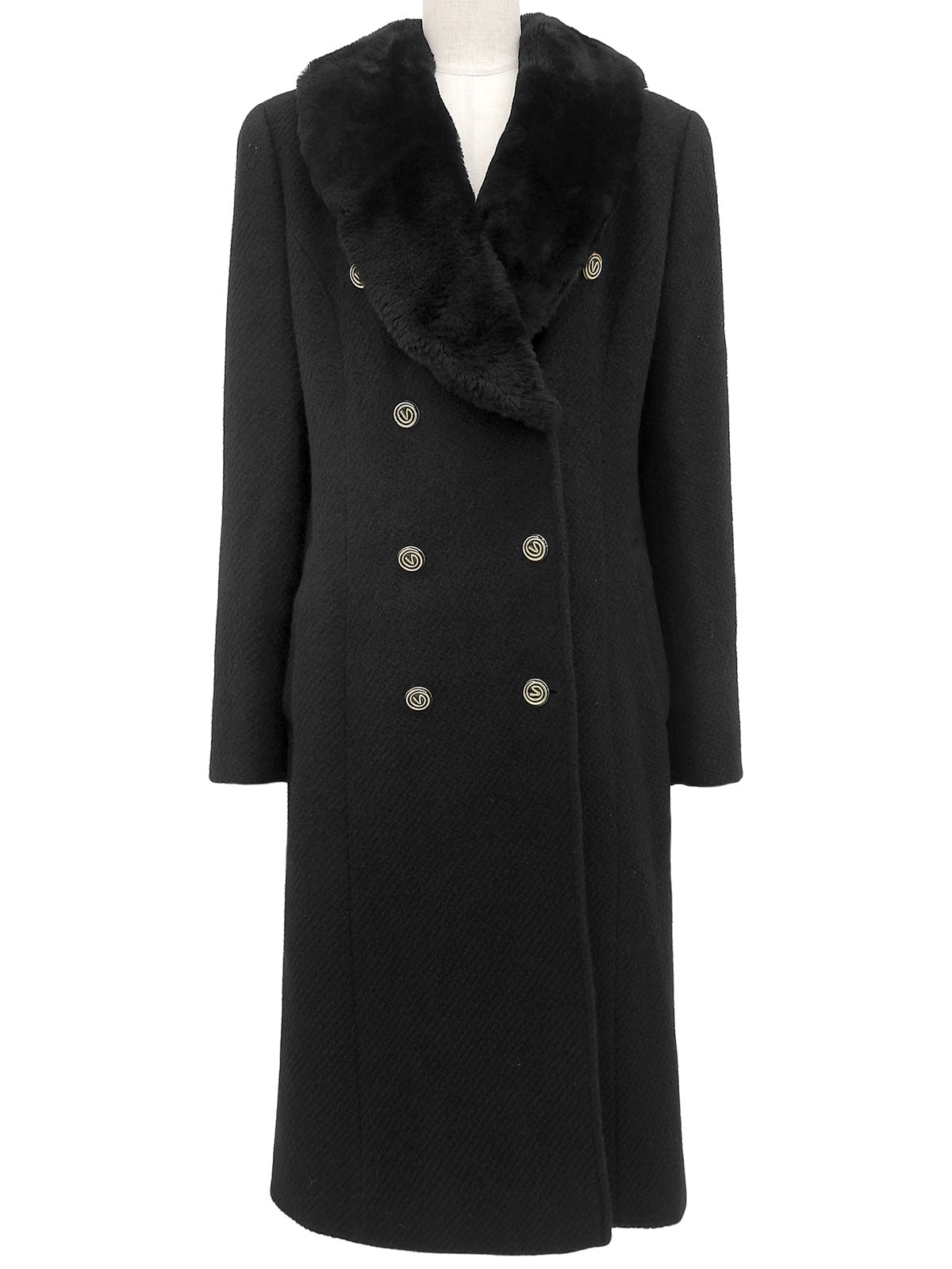 ファーカラーロゴボタンロングコート ブラック