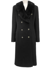 ファーカラーロゴボタンロングコート ブラック