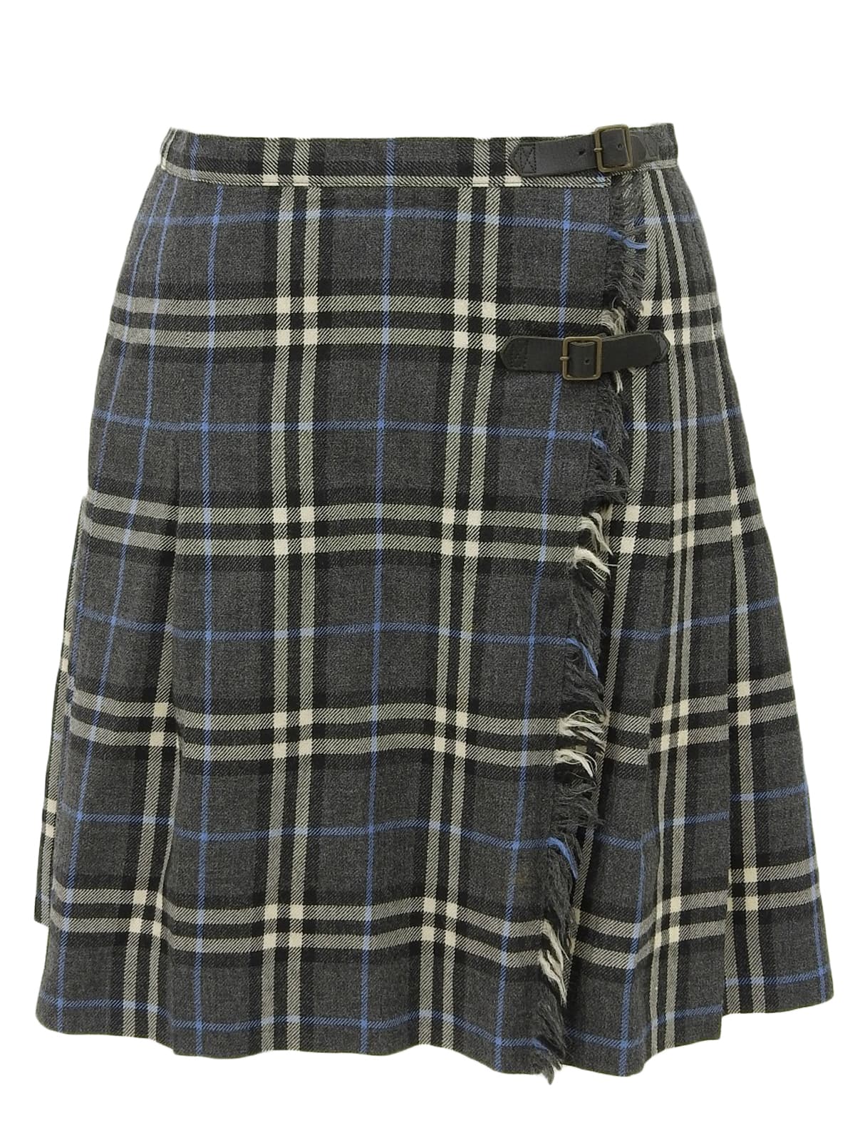 Wool Nova Check Pattern Pleated Skirt in Gray/Blue/Multi