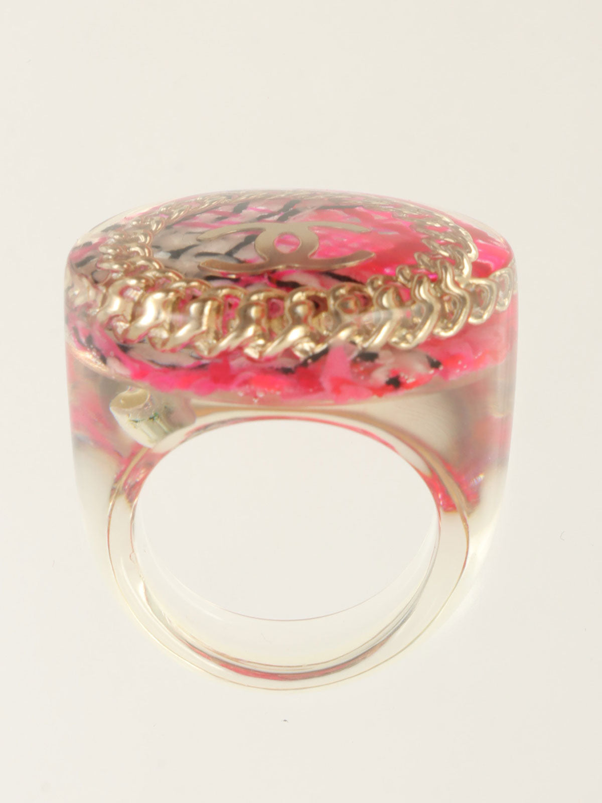 2014 Round Tweed Chain CC Mark Ring in Clear/Pink/Gold