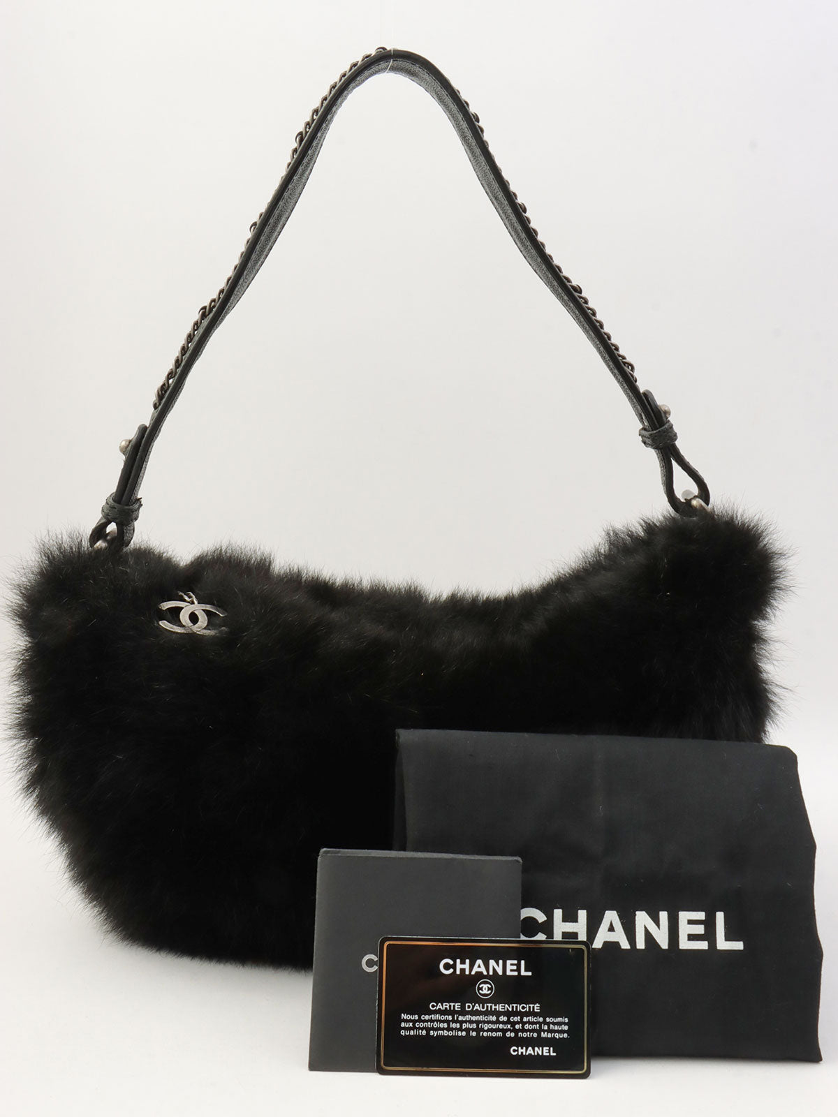 2005-era fur and caviar skin combo CC mark charm shoulder bag, black