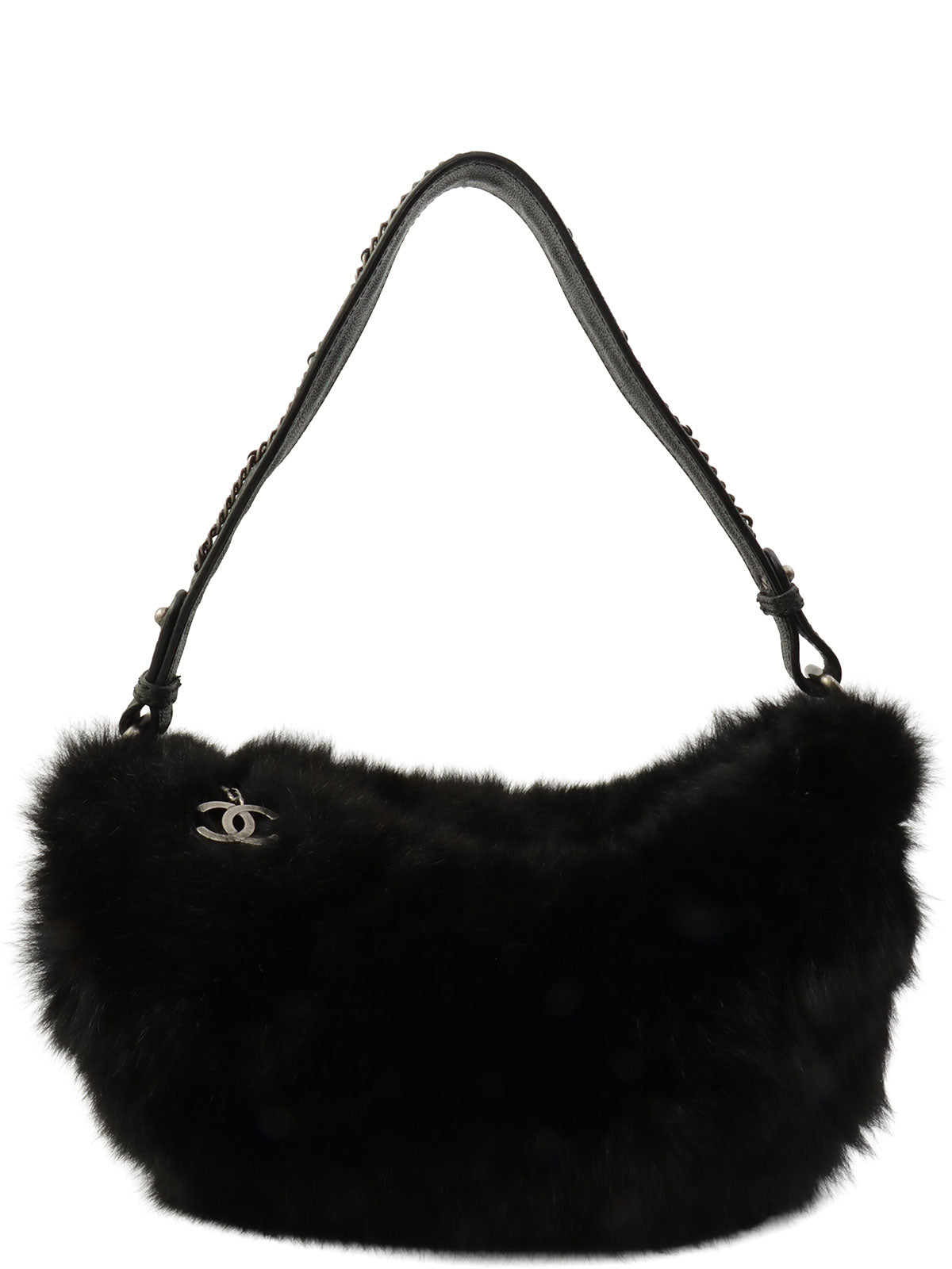 2005-era fur and caviar skin combo CC mark charm shoulder bag, black