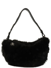 2005-era fur and caviar skin combo CC mark charm shoulder bag, black