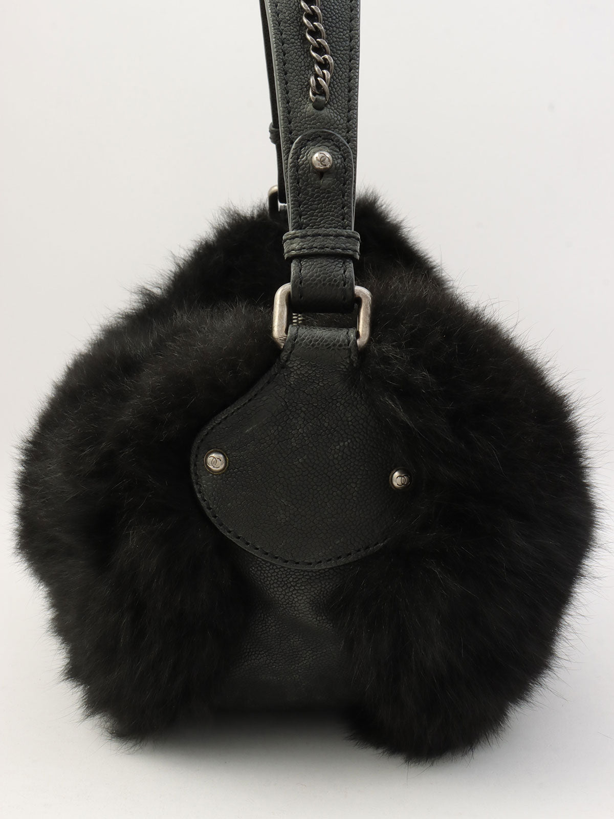 2005-era fur and caviar skin combo CC mark charm shoulder bag, black