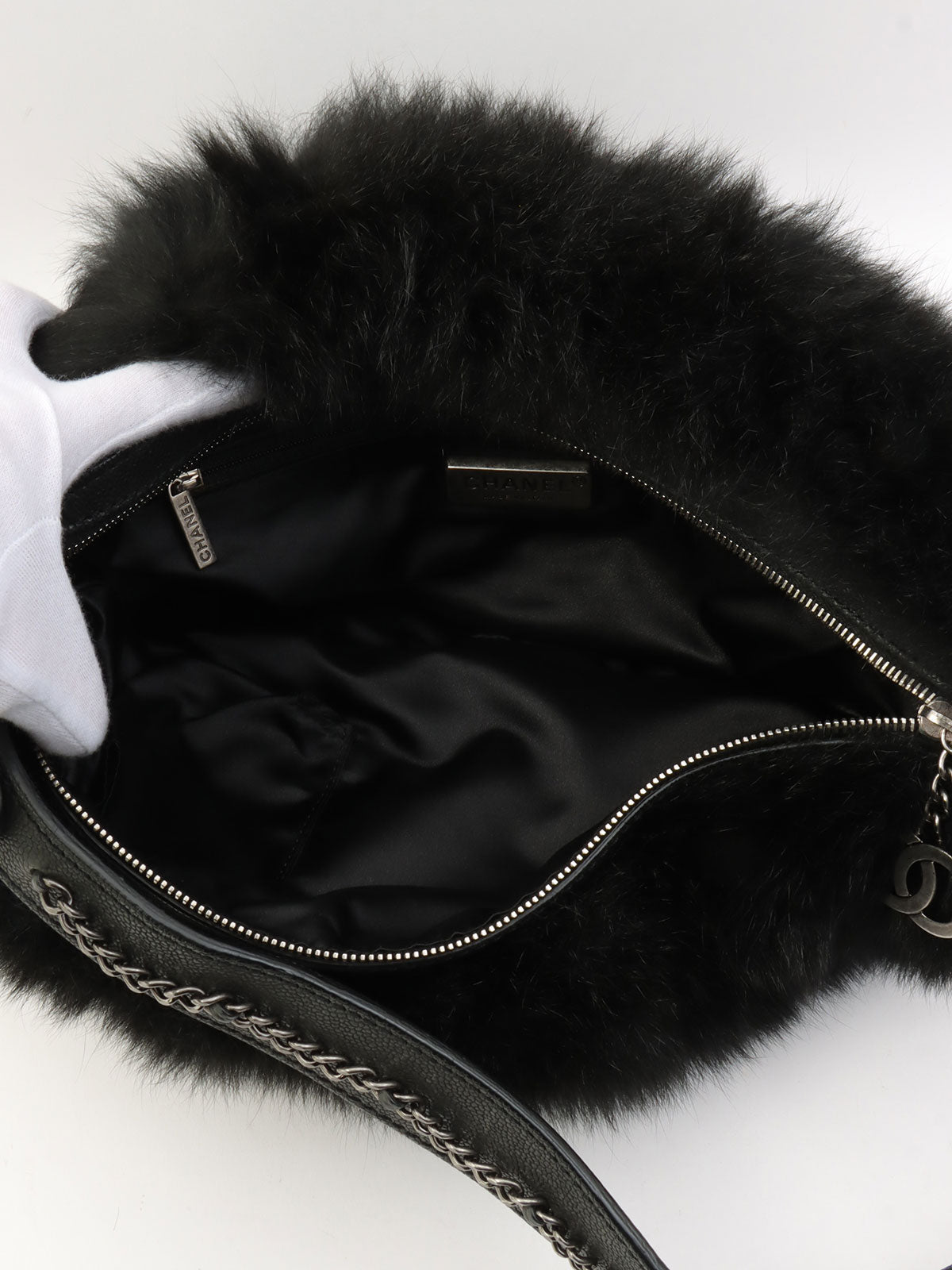 2005-era fur and caviar skin combo CC mark charm shoulder bag, black