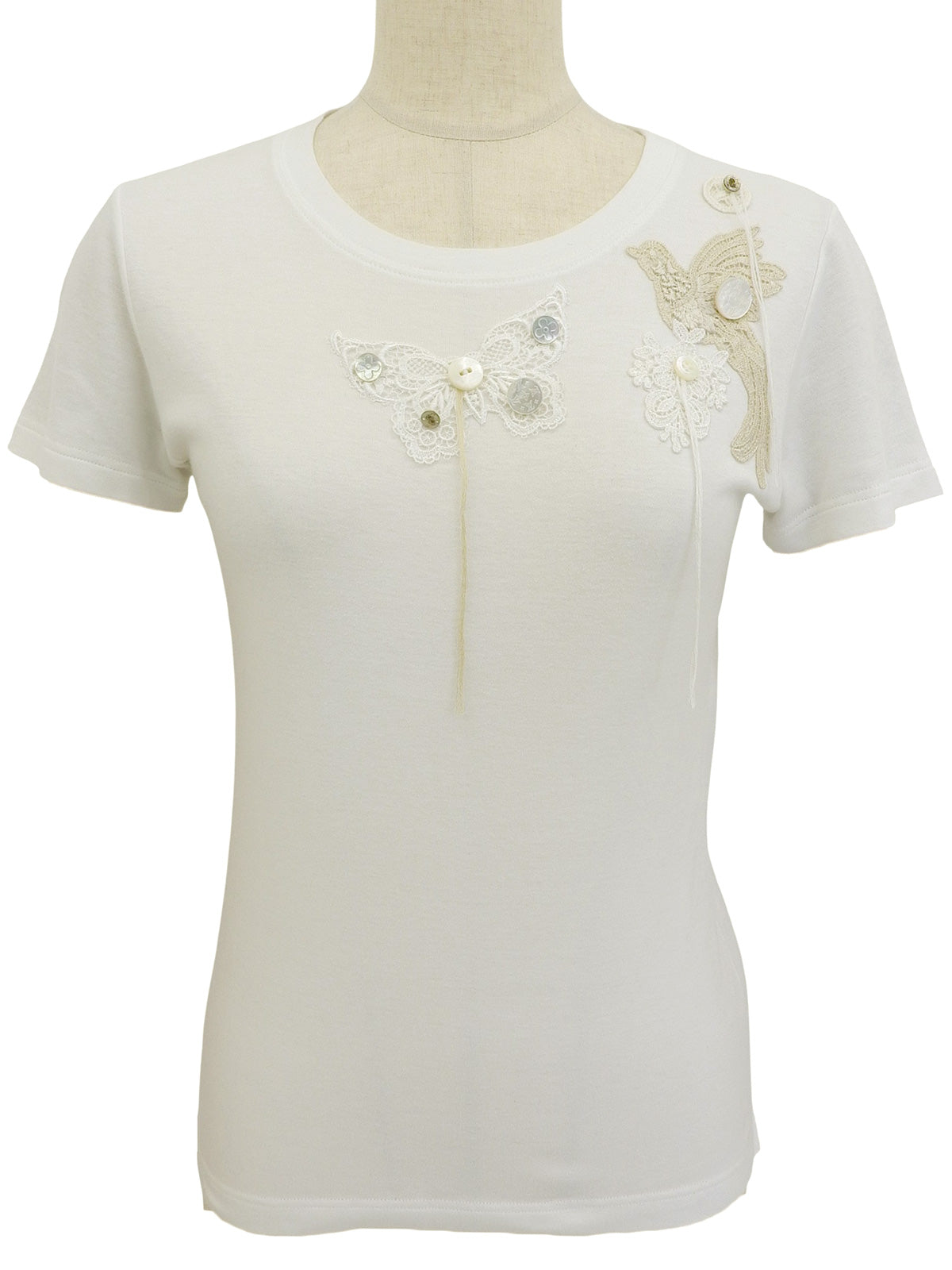 レースロゴボタンデザインハーフスリーブトップス ホワイト