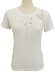 レースロゴボタンデザイン半袖トップス ホワイト