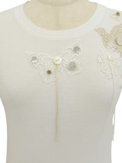 レースロゴボタンデザインハーフスリーブトップス ホワイト