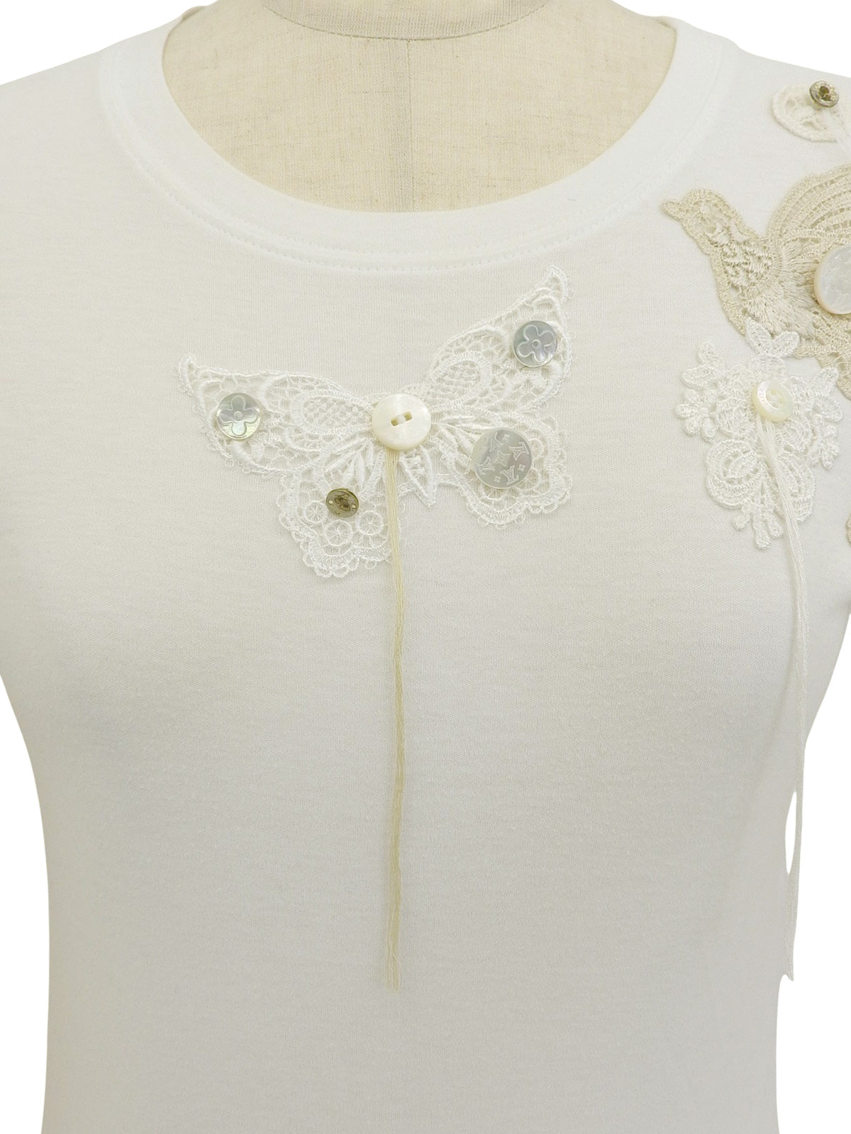 レースロゴボタンデザイン半袖トップス ホワイト