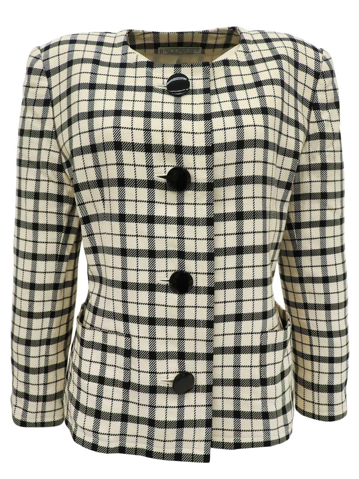 ウールチェックパターンノーカラージャケット　アイボリー/ブラック