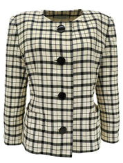 ウールチェックパターンノーカラージャケット　アイボリー/ブラック