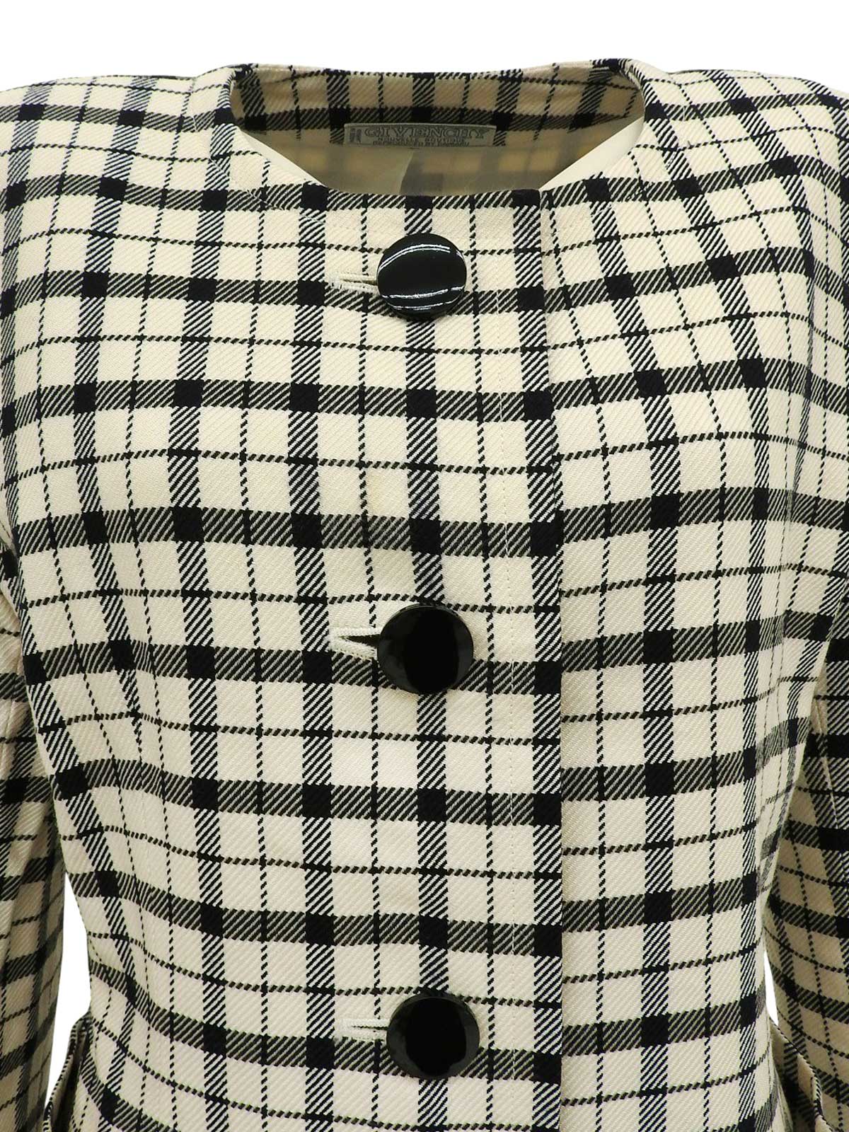 ウールチェックパターンノーカラージャケット アイボリー/ブラック