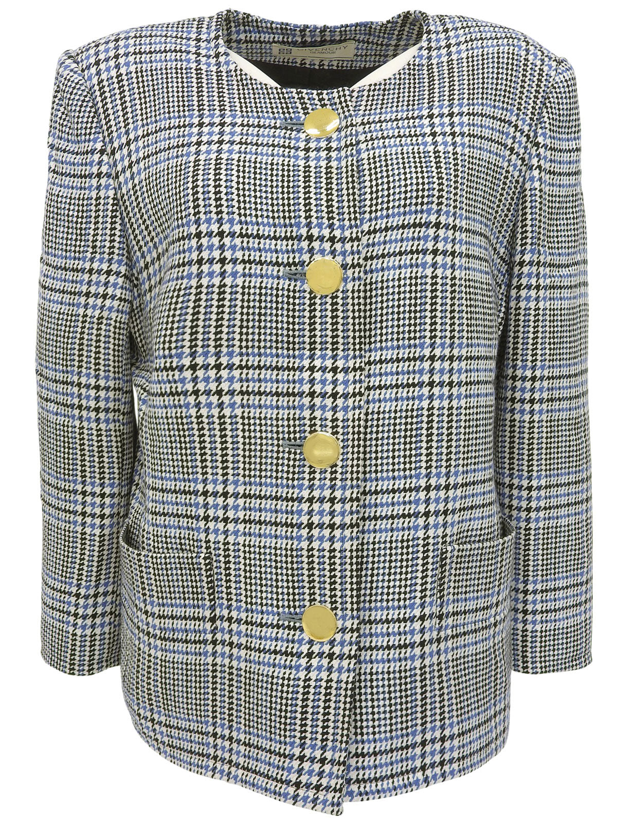 グレンチェックパターンノーカラージャケット ホワイト／ブラック／ブルー