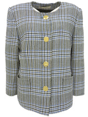 グレンチェックパターンノーカラージャケット ホワイト／ブラック／ブルー