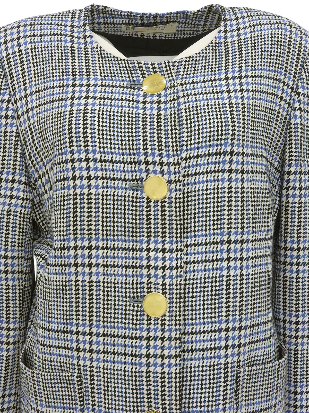 グレンチェックパターンノーカラージャケット ホワイト/ブラック/ブルー