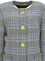 グレンチェックパターンノーカラージャケット ホワイト/ブラック/ブルー