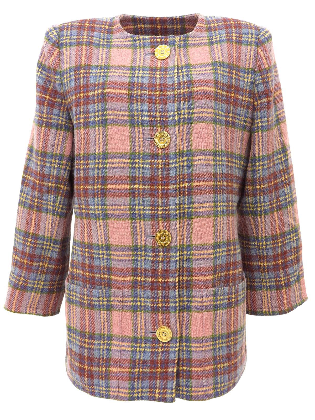 Check Pattern Logo Button Collarless Jacket in Pink/Multi